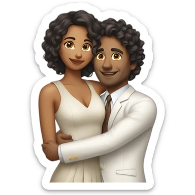 Indian woman with medium curly hair hugging a tall white man with brown hair in a white suit sticker