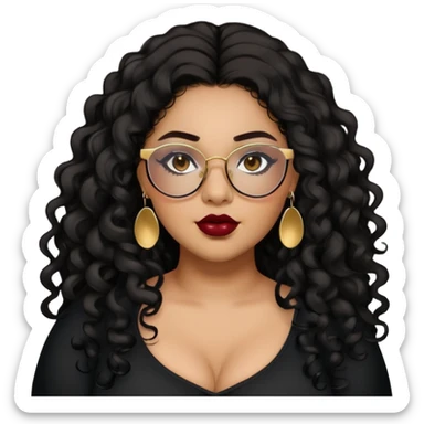 teen big plus size, latina, darker tan skin, gold earrings, long black curly hair, baddie,pretty, makeup, dark red lipgloss, black eyeliner, long hair, black top, black glasses sticker