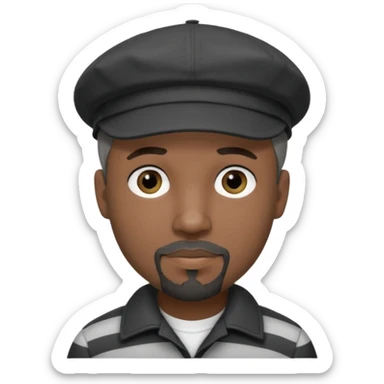 White Man with a dark grey goatee and a black newsboy cap. He is wearing a black and white striped shirt. He has dark black eyeliner  sticker