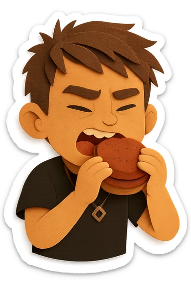 The same boy is now greedily chewing the meat patty sticker