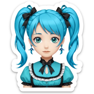 anime-style female character with bright turquoise hair styled in twin tails and matching blue eyes. Her outfit is a frilly turquoise and black dress in a Lolita-esque style, heavily contrasted with black ribbons and trim. A key detail is the"AWP" logo printed in black on the chest. happy variant sticker