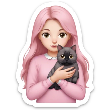 
girl with light brown long hair, grey eyes and fair skin in pink pastel clothes holds a black British cat in her arms sticker