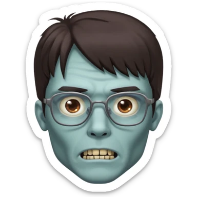 an emoji of a male zombie with dark brown hair and bangs that cover your entire forehead and extend to your eyebrows, wearing square, bluish glasses. sticker