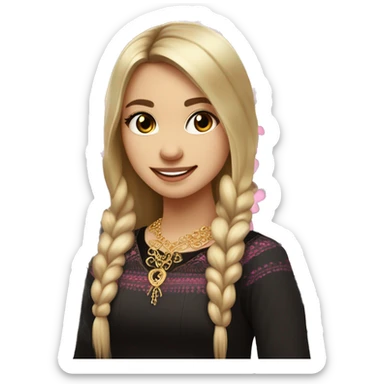 Slavic girl, light skin, brown eyes, black-to-blonde ombre straight tail, smiling with teeth, wearing beautiful dark blouse with a folk pattern of small pink flowers and gold necklace. sticker