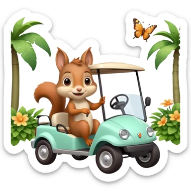 High-quality 3D Pixar-style mint green golf cart speeding in bright courtyard, driven by a super-cute smiling baby squirrel, glossy fur, big eyes, vibrant colors, smooth shading, butterflies, potted plants, bright daylight. sticker