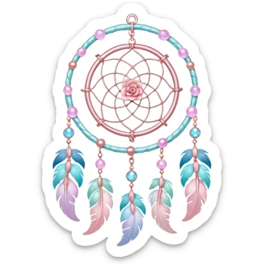 Rosy shiny glossy sparkly romantic pastel crescent damask moon with rose quartz pastel vines pastel gems pastel beads with feathers and chains  suncatcher-dreamcatcher sticker