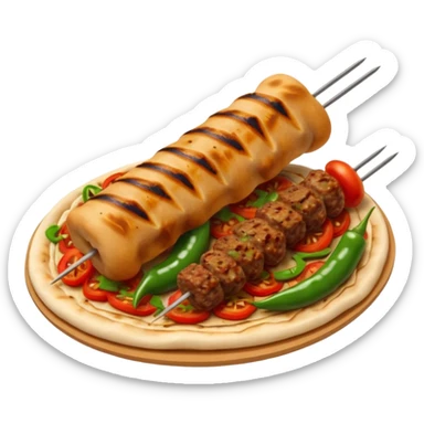 Adana kebab object icon, spicy grilled minced meat skewer, served on flatbread, grilled tomatoes and green peppers on the side, smoky char marks, juicy texture, 3D cartoon, mobile game icon style, centered, clean background, no text, no watermark
 sticker