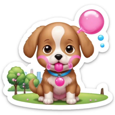 Cute tiny puppy blowing bubblegum at the park sticker