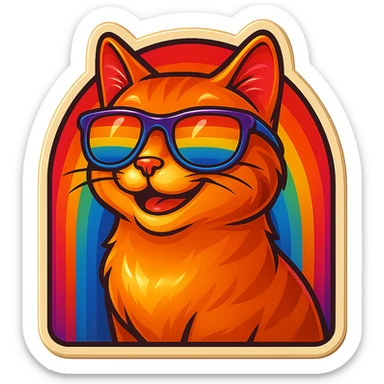 Make the cat smile, keep the same retro stickers aesthetic, rainbow sunglasses, and vibrant colorful background. sticker