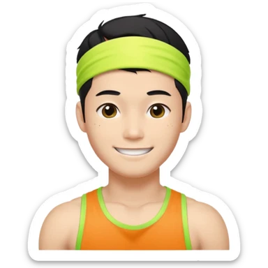 Korean 27-year-old male health coach / Wearing fluorescent colors / White face / Hairband / Smiling expression / Short black hair / Muscular body sticker