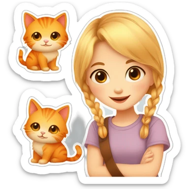 drawing of a little blonde girl with brown eyes, with her orange cat , smiling sweetly, sticker for telegram, cutie, cute illustration, with hyperdetals, cute art sticker