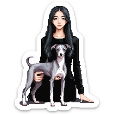 Slim Chinese girl with long black hair and her completely solid grey Italian greyhound in a cozy home setting with a fireplace, no white markings on the dog sticker