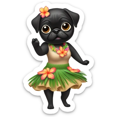 Black pug in a Hawaiian hula girl dress dancing sticker