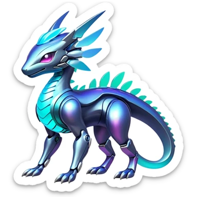  Epic legendary rare glowing mechanical Shiny sparkly transparent bioluminescent luminescent vibrant bright pastel dark exotic iridescent colorful gradients futuristic modern metallic glossy glittery fantasy-cyber-Fakémon-Pokémon-Vernid-creature sticker