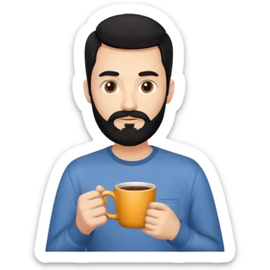 A thin guy with black hair, a long face, black beard, not too thick and long, holding a mug of coffee sticker