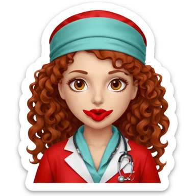 Sensual Spanish Lilith core evil surgeon.red outfit.  Surgeon has hazel eyes. Her hair is BROWN. Hair is also  long and  curly. wearing a sexy surgeon outfit with platform  heels.she is a calculated smart killer. She covers only her mouth and nose with silk scarf to hide identity  sticker