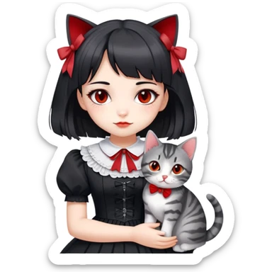 girl wearing black Lolita style dress, with medium-length black hair with red tips, and a gray American Shorthair tabby cat sticker