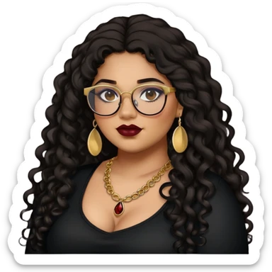 teen big plus size, latina, darker tan skin, gold jewelry, long black curly hair, baddie,pretty, makeup, dark red lipgloss, black eyeliner, long hair, black top, black glasses sticker