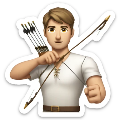 a male archer aiming with a bow facing  his target, eyes closed, wearing a white shirt, very short brown hair, bright skin, only show upper part of the body from waist up sticker