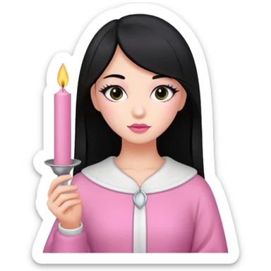 A gurl with black hair pink cloth make up holding a white candle sticker