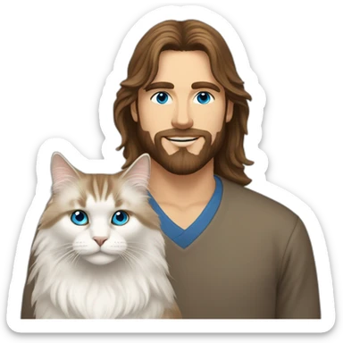man with brown long hair, a beard and blue eyes holding a white Siberian cat sticker