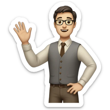 To belt Actively gesturing with hands Pale skinned fit man teacher with dark brown hair in gray jacket, beige office shirt, brown tie, brown pants and vintage glasses. sticker