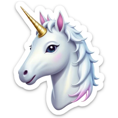 Cinematic Comical White Unicorn Portrait Emoji, Head tilted dramatically with an exaggeratedly amused expression, featuring a slender, radiant form with a playfully sparkling horn and wide, comically expressive eyes full of enchanting disbelief, Simplified yet hilariously expressive features, highly detailed, glowing with a slightly sassy magical glow, high shine, dramatic yet playful, stylized with an air of cheeky mythic mischief, soft glowing outline, capturing the essence of a meme-worthy white unicorn that looks ready to prance its way into viral fame! sticker