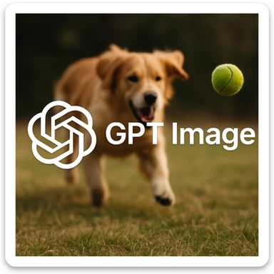  logo of chat gpt with text "GPT Image" on the background of a dog chasing ball, realistic image sticker