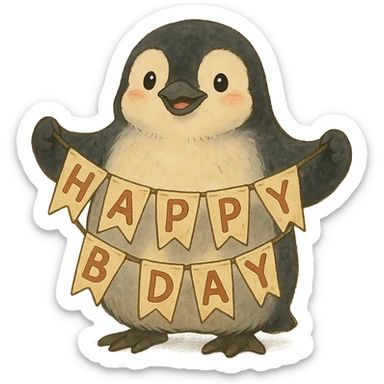 smiling penguin holding 'Happy B-Day' banner, soft Ghibli style sticker