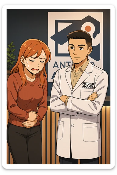 su questo stile fai un manga/webtoon a colori in cui una donna si lamenta che sta male e ha mal di pancia, l'uomo della foto in stile manga gli risponde, mantieni un ambiente simile alla foto che ho allegato con il suo logo (sarebbe il suo studio, lui è un kinesiologo), scrivigli "ANTONIO ANANIA" sul camice bianco, non mettere fumetti, ma fai in modo che sembri che la donna chiede una cosa e l'uomo risponde alla sua domanda sticker