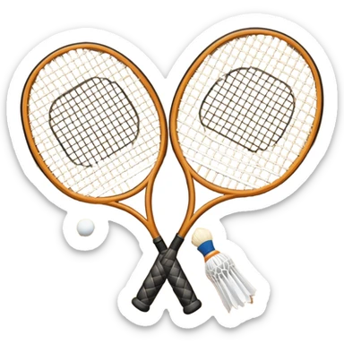 Two crossed badminton rackets with a shuttlecock resting in between, set against the faint outline of a badminton court. The image highlights the tools of the sport, with a subtle emphasis on the court's net and boundaries, symbolizing competition and skill. sticker
