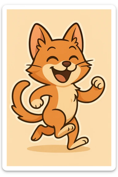 Make this happy dog-cat creature look more like a cat, adding more cat-like body shape, perky cat ears, and a feline smile, while keeping the energetic pose and whimsical style. sticker
