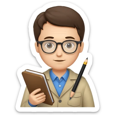 A scholarly explorer with notepad, glasses, and calm analytical demo.
 sticker