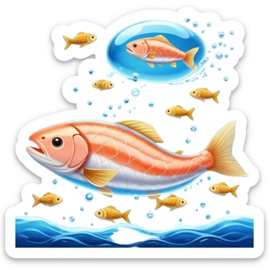 Golden omega-3 capsule floating in blue liquid currents, with salmon fillets, walnuts, chia seeds, and flaxseeds orbiting alongside an ethereal fish near a radiant brain. Blue waves expand from the brain, showing the mental clarity and emotional benefits of omega-3 rich foods. sticker