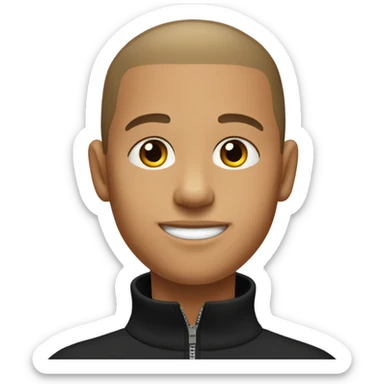 boy with very light brown skin, buzz cut, no facial hair, wearing a smart black quarter zip jumper with white t shirt underneath. sticker