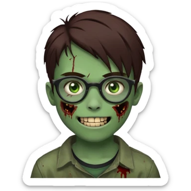 Zombie emo boy, green skin and brown hair and brown eyes, black glasses and a scary smile with a cut on the side, scars and blood under eyes sticker