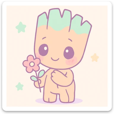 anime style Groot character, cute and shy, happy expression, holding a small flower sticker
