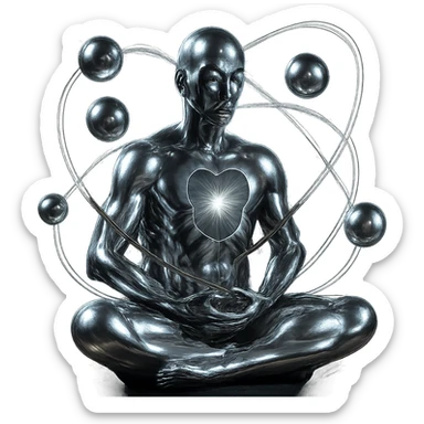 Add a glowing aura around the stylized chrome meditating figure with open chest and spiraling spheres, keep the style futuristic and smooth, no background. sticker