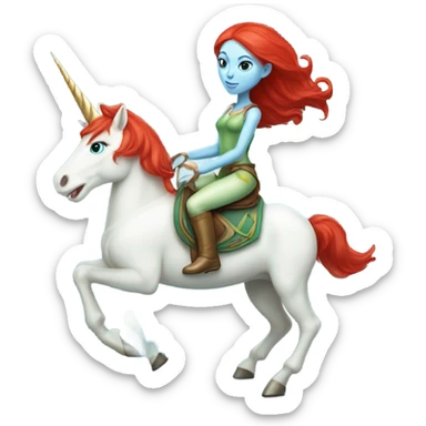 [
	{ a light green Amazon alien woman [ with red hair, with blue eyes]} 
	on a 
	[{ unicorn: white, six-legged, light blue mane}] sticker