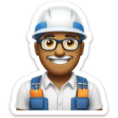 Tecnico electricista, con chaleco azul y gorra, gafas de trabajo, hombre, saludando con una mano dedo pulgar arriba, mirando de medio lado, feliz sticker