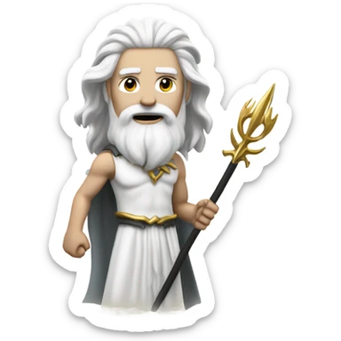 white man Poseidon with gold trident. long white hair white dress. black soot on face sticker