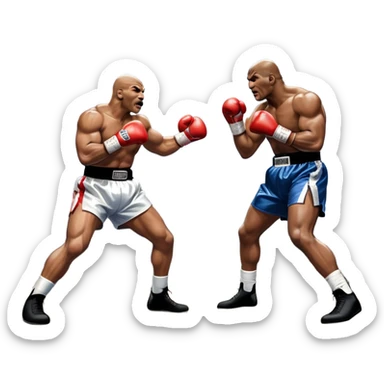 An intense boxing match between Mike Tyson and Evander Holyfield in the ring. Tyson is delivering a powerful uppercut, while Holyfield is poised for a counterattack. The background features a packed arena with bright lights and electrifying atmosphere. Transparent background sticker