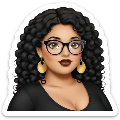big plus size, latina, darker tan skin, long black curly hair, baddie,pretty, makeup, lipgloss, black eyeliner, long hair, SMALL gold earrings, black top, black glasses sticker