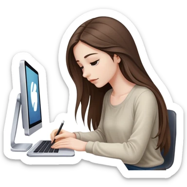 beautiful pale brunette girl with long hair editing photos on her computer looking down sticker