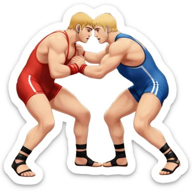 An icon showcasing two wrestlers engaged in a Greco-Roman wrestling match. The athletes are locked in a strong clinch, using their upper bodies to dominate. The background features a wrestling mat and traditional Greco-Roman elements. Transparent background. sticker