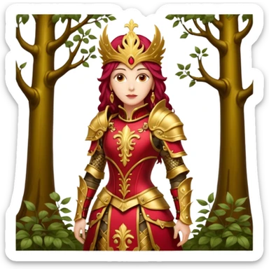 realistic cinematic actress Cher in baroque styling with crimson armor in a forest sticker