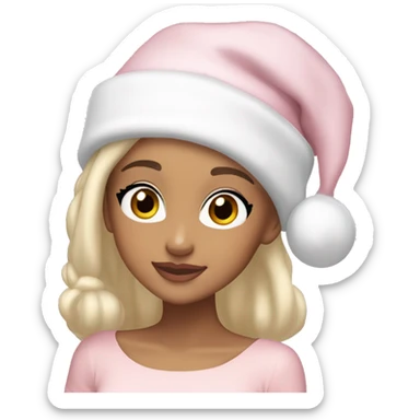 Ariana grande in a light pink christmas outfit wearing a light pink and white christmas hat with short light cold blonde hair sticker