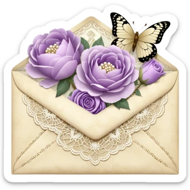 A delicate still life of an aged love letter sealed with golden wax, placed on a vintage lace doily, accompanied by a bouquet of pale purle roses and white peonies, with a shimmering pearl butterfly resting on the envelope. sticker