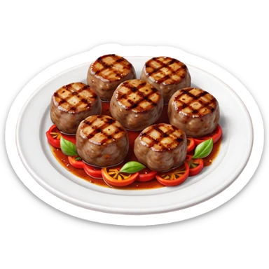 Akçaabat meatballs object icon, grilled Turkish kofte pieces on a plate, smoky char marks, juicy texture, served with grilled peppers and tomatoes, 3D cartoon, mobile game icon style, centered, clean background, no text, no watermark
 sticker