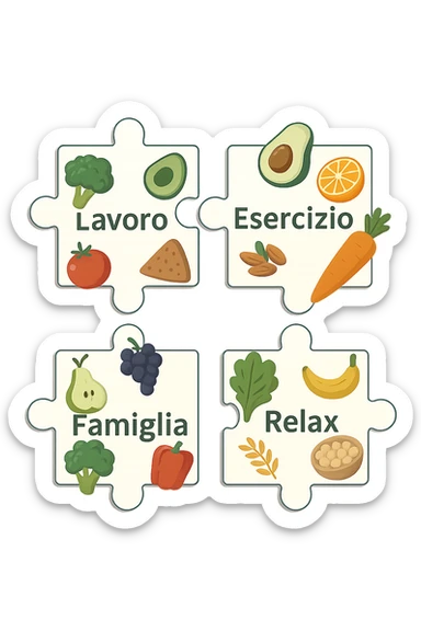 Puzzle (Lavoro, Esercizio, Famiglia, Relax), and healthy foods are integrated into each piece. in italiano sticker